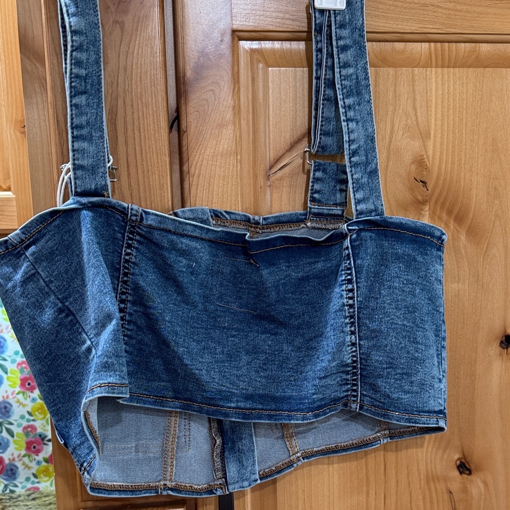 Denim Corset Top Cargo Pocket Zip Front Y2K Festival Crop XL 40” Bust - Picture 6 of 10